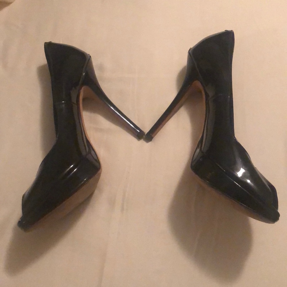 Dior Black Patent peep toe platform pumps 38 1/2